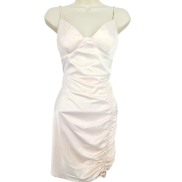 B Darlin Spaghetti Strap Corset Bodice Ruched Tie-Hem Satin Cream Dress Jr 3-4 - Picture 3 of 12